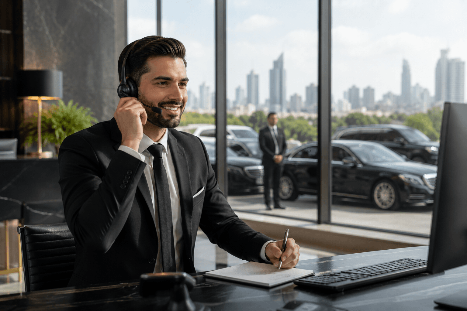 Professional customer support agent assisting executive travel clients