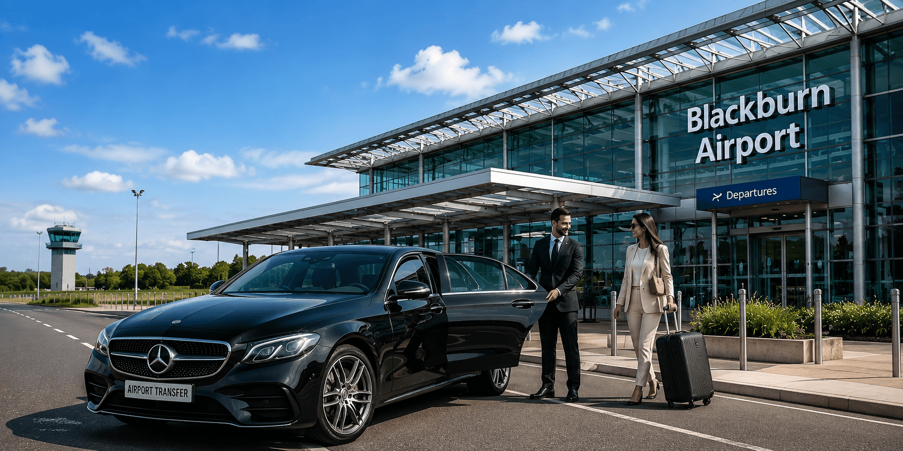 Luxury chauffeur vehicle in Clitheroe with Clitheroe Castle and an airplane overhead