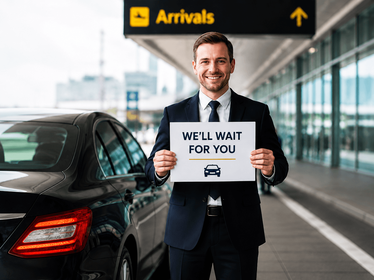 Professional driver holding a welcome sign at airport arrivals