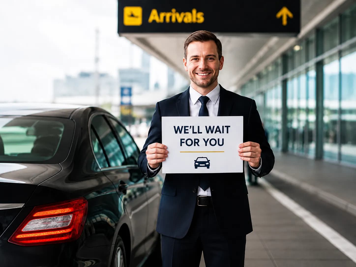 Professional driver holding a welcome sign at airport arrivals
