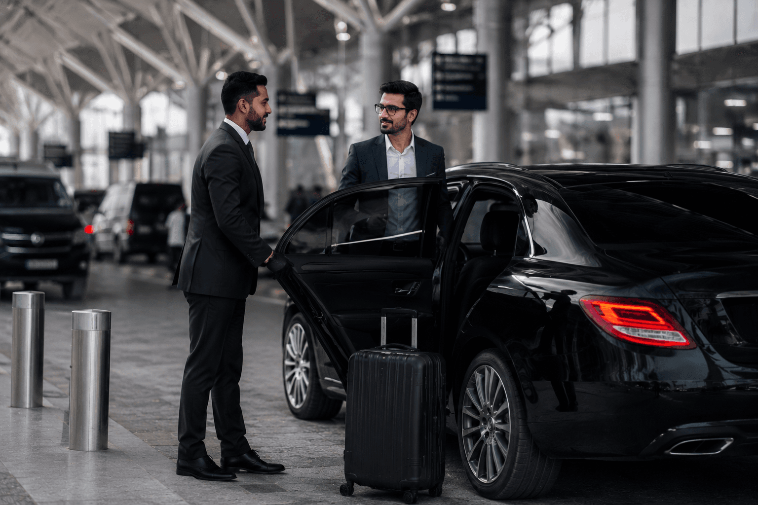 Professional executive chauffeurs at a UK airport terminal